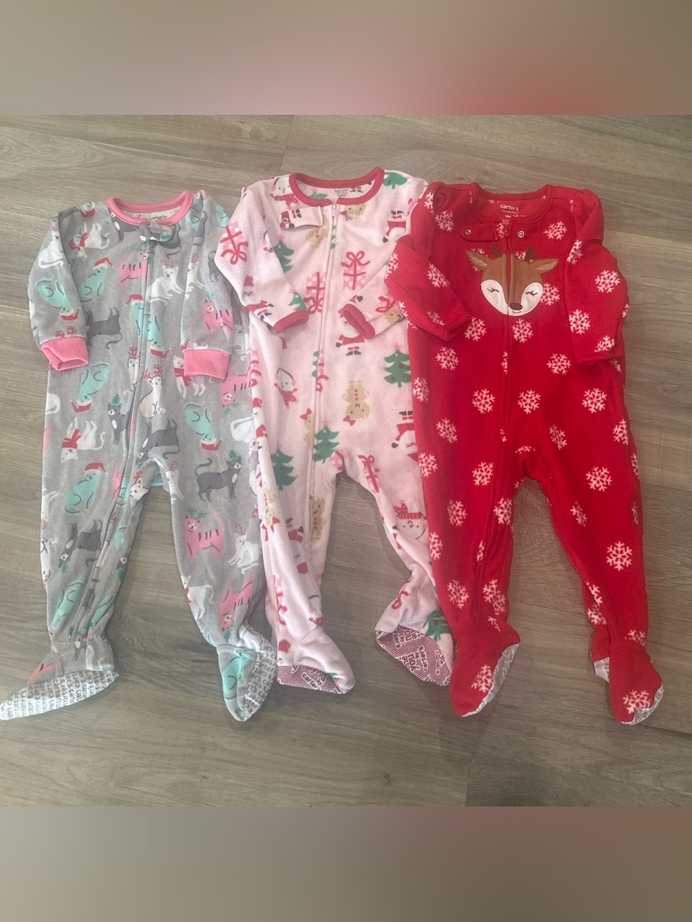 Carter's Red Reindeer & Pink/Gray Holiday Footed One-Piece Set
